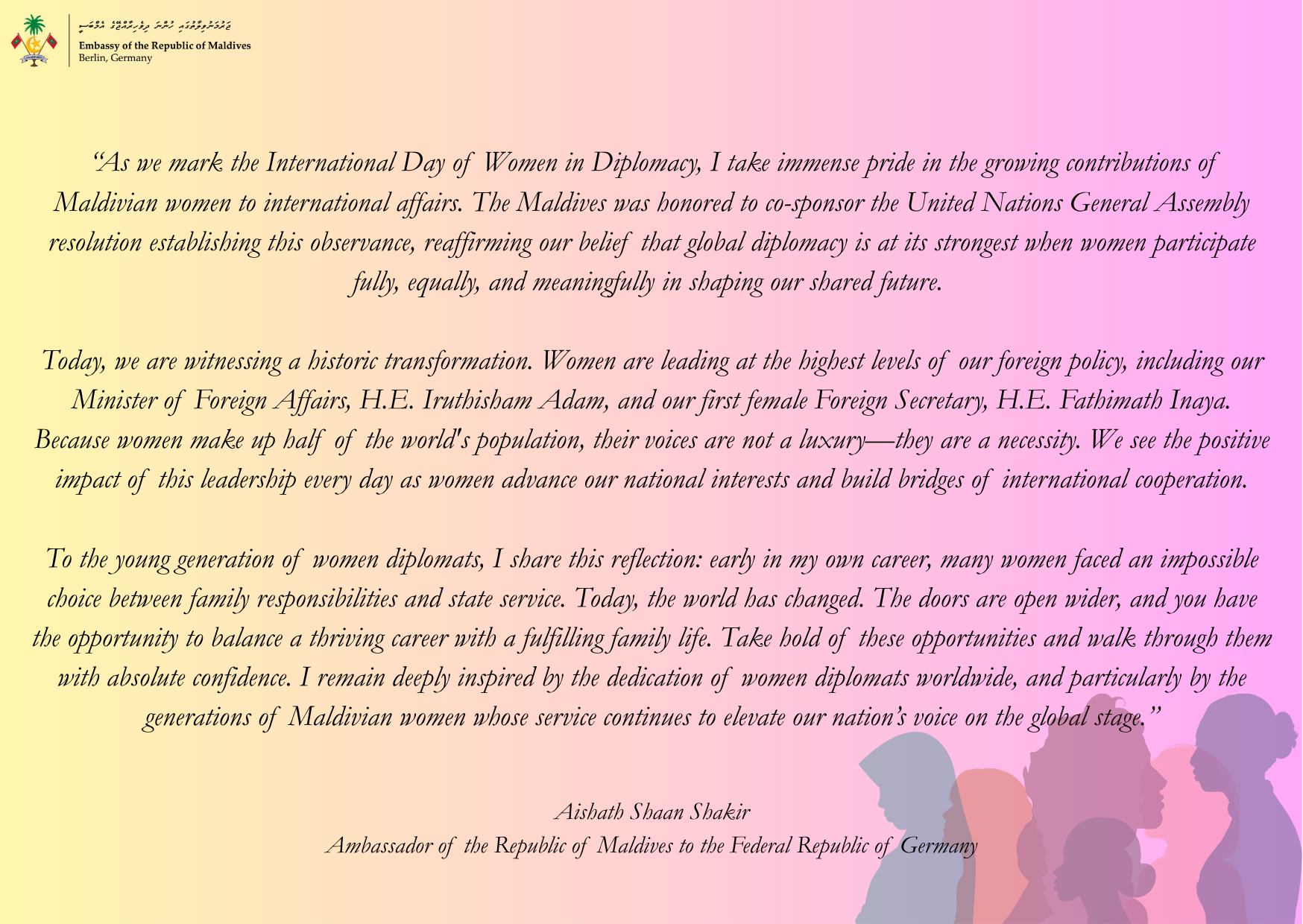 Message from Ambassador Shaan on the occasion of the International Day of Women in Diplomacy